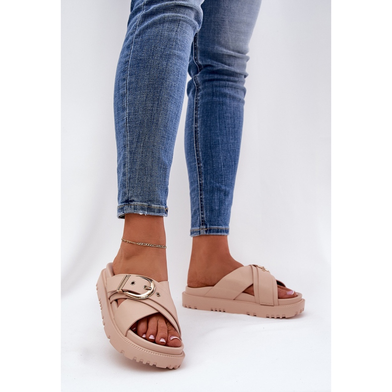 Klapki Na Platformie Z Klamrą Beżowe beżowy 2