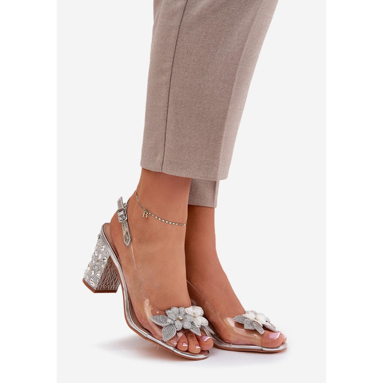 S.Barski Transparentne Sandały Z Kwiatkami Na Zdobionym Obcasie D&A MR38-331 Srebrne srebrny 1