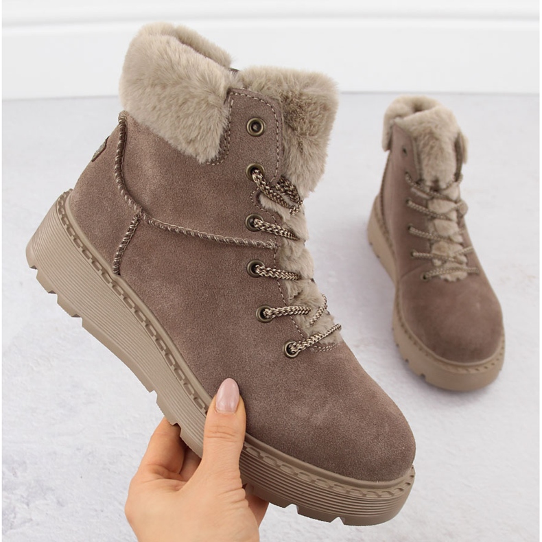 Skórzane botki damskie z futerkiem na platformie brązowe Rieker 70402-24 beżowy 1