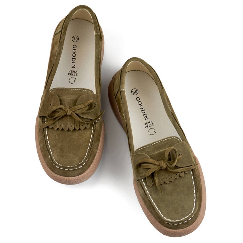 Skórzane mokasyny damskie khaki-zielone Goodin GD-SW4005KH 1