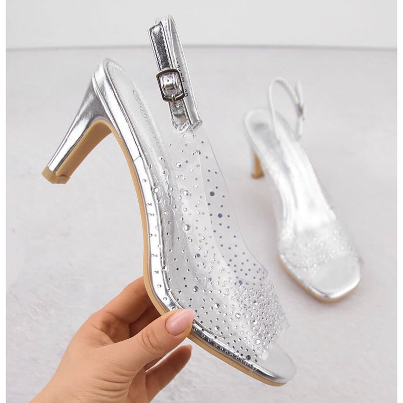 Sandały damskie na słupku transparentne z cyrkoniami srebrne Potocki WS43317 srebrny 1