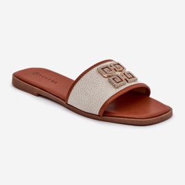 Eleganckie Klapki Damskie Z Ozdobą Na Płaskim Obcasie Camel brązowe 4