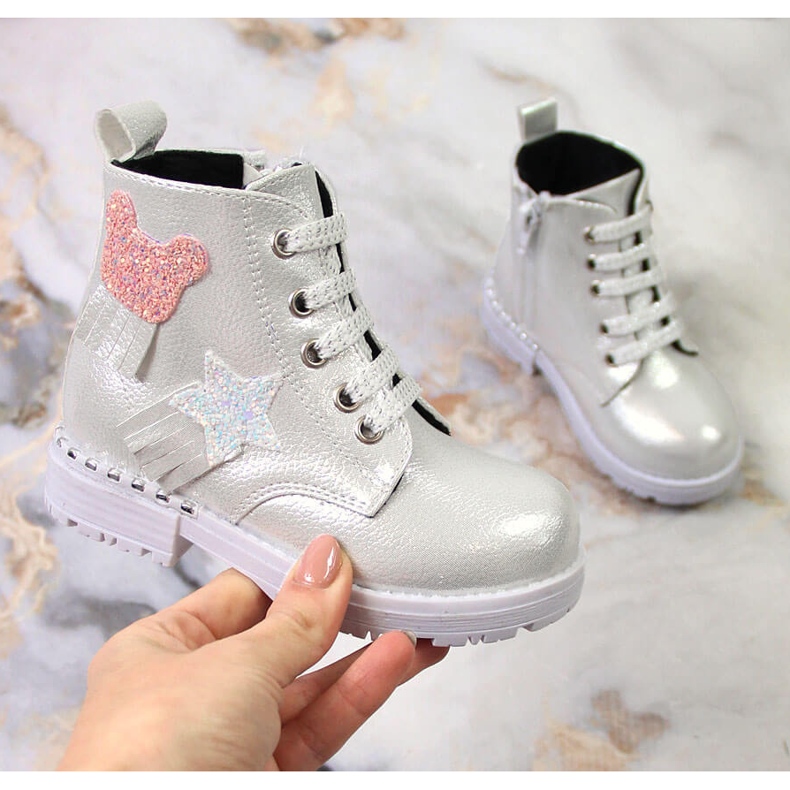 Botki dziewczęce połyskujące ocieplane srebrne Potocki srebrny 2