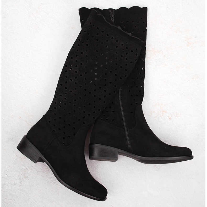 M. DASZYŃSKI Kozaki damskie zamszowe ażurowe czarne M.Daszyński SA198-33 1