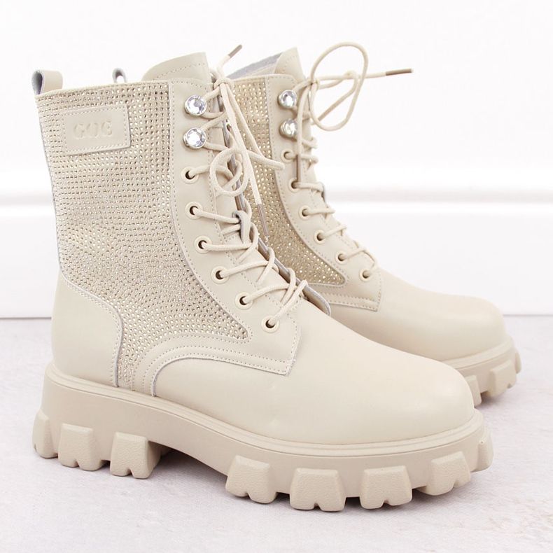 Skórzane botki damskie z cyrkoniami beżowe Goe OO2N4108 beżowy 2