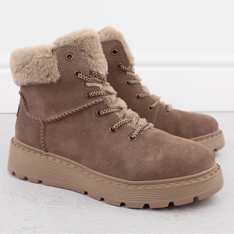 Skórzane botki damskie z futerkiem na platformie brązowe Rieker 70402-24 beżowy 2