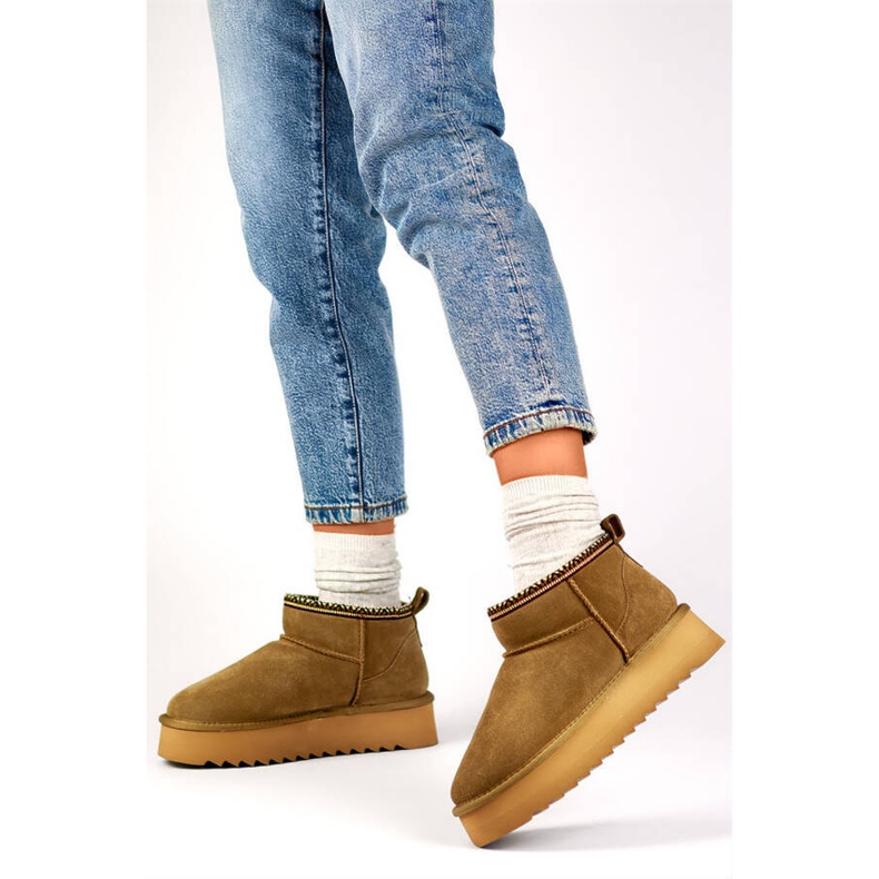 Skórzane botki damskie śniegowce zamszowe brązowe YU9001KH 2