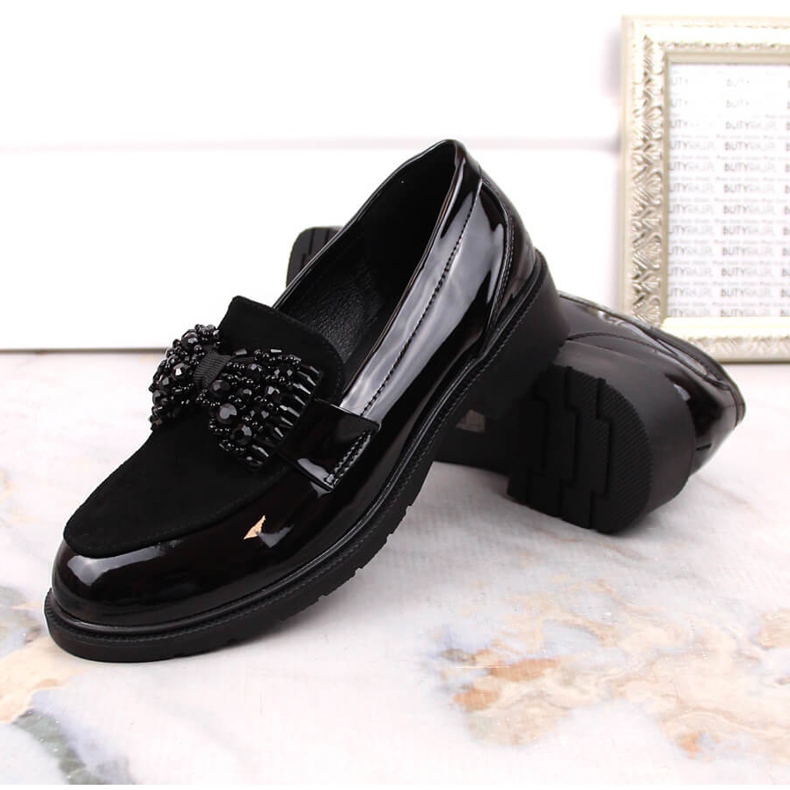 Mokasyny damskie lakierowane lordsy z kokardą czarne S.Barski 2