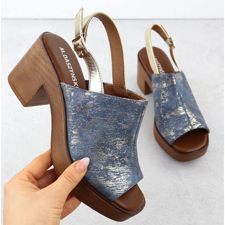 M. DASZYŃSKI Sandały damskie na słupku jeansowe pozłacane M.Daszyński MR23126-7 niebieskie 1