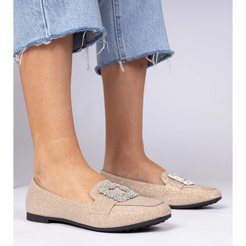 Szampańskie brokatowe mokasyny z cyrkoniami złoty 1