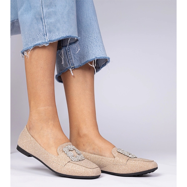 Szampańskie brokatowe mokasyny z cyrkoniami złoty 2