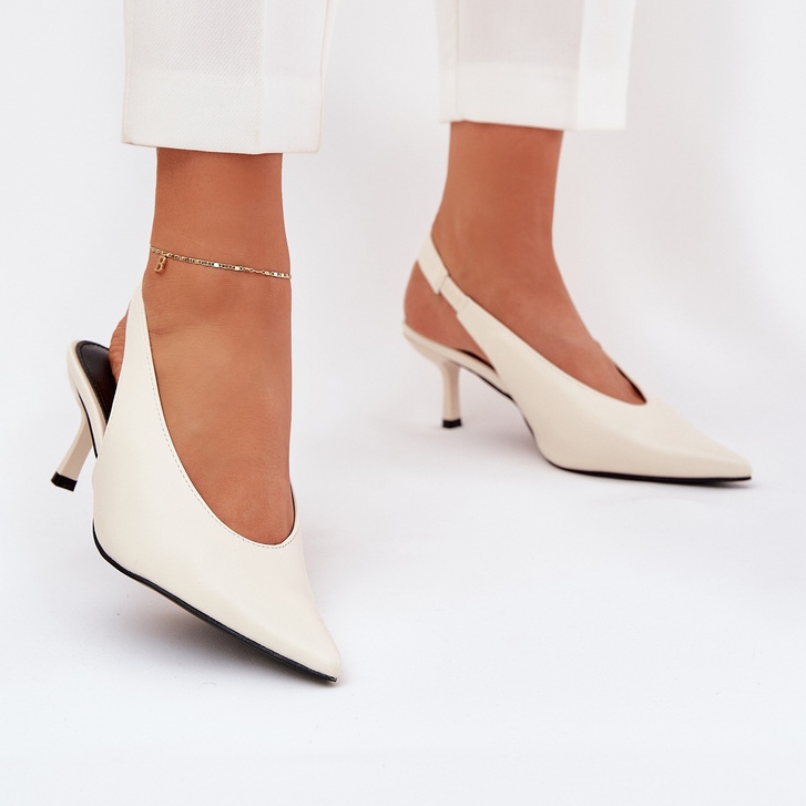 Szpilki Z Odkrytą Piętą Eko Skórzane Ecru białe 2