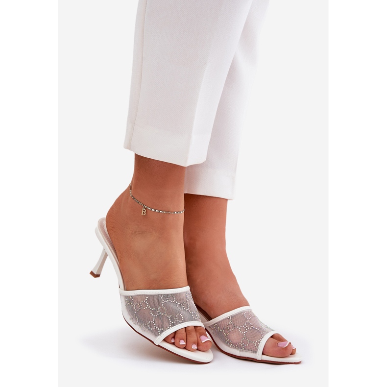 Zdobione Klapki Na Szpilce Białe 1