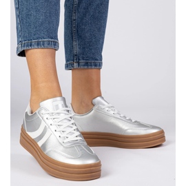 Srebrne sneakersy trampki damskie sportowe na platformie srebrny 2