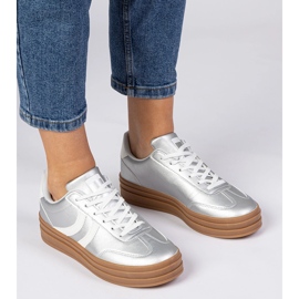 Srebrne sneakersy trampki damskie sportowe na platformie srebrny 3
