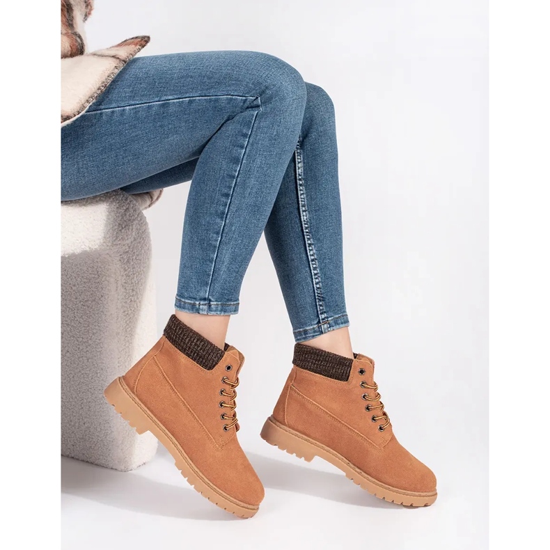 Original Walkman Shoes Camelowe Traperki Ze Skóry brązowe 2