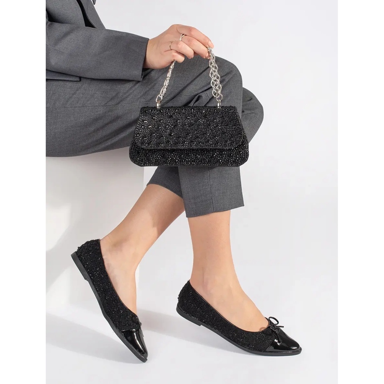 Czarne brokatowe baleriny z kokardką 2