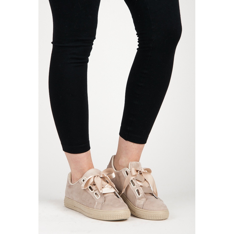 Zamszowe trampki wiązane wstążką brązowe 2