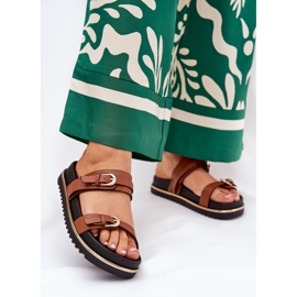 Klapki Damskie Gładkie Na Platformie Z Paskami I Klamrami Camel brązowe 2