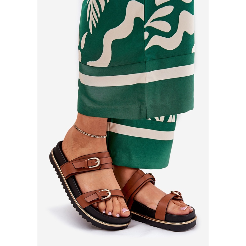 Klapki Damskie Gładkie Na Platformie Z Paskami I Klamrami Camel brązowe 1