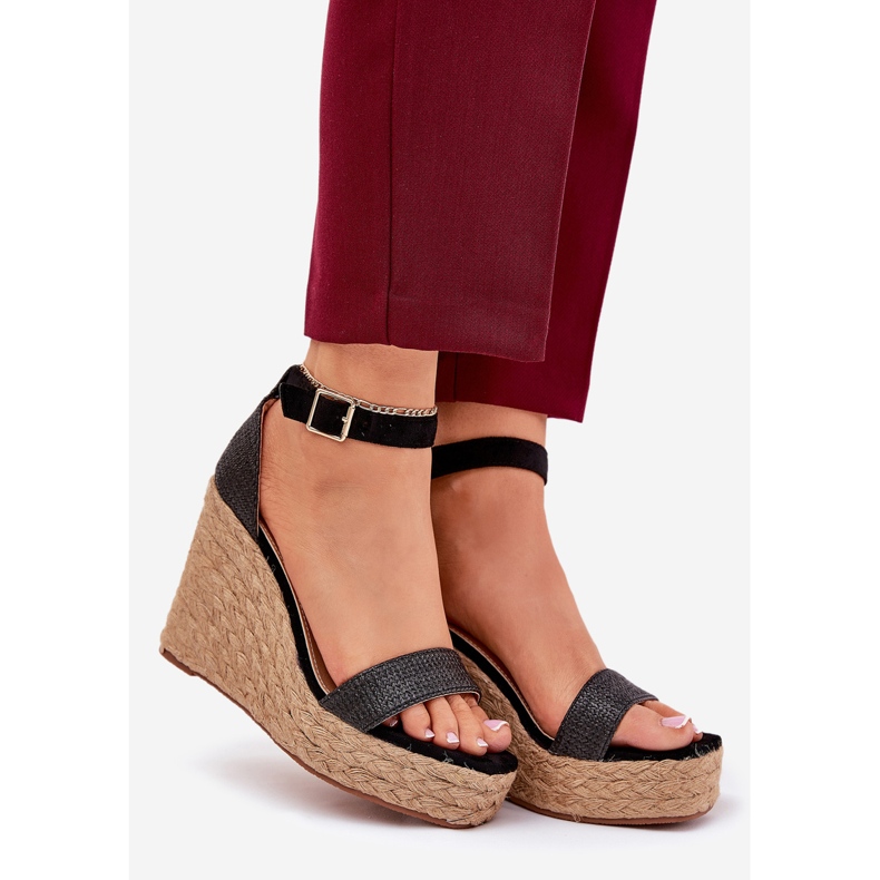 Sandały Damskie Na Koturnie Z Plecionką Czarne 1