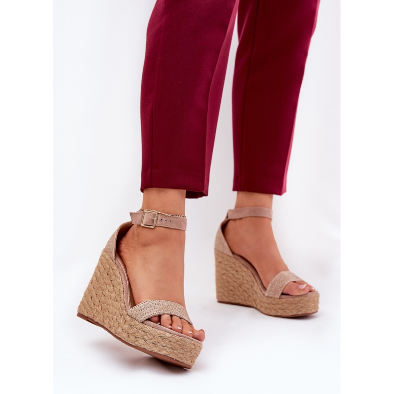 Sandały Damskie Na Koturnie Z Plecionką Khaki beżowy 2