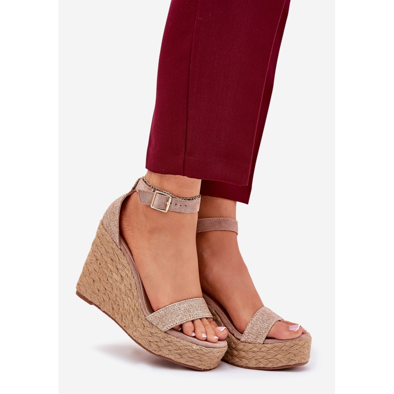 Sandały Damskie Na Koturnie Z Plecionką Khaki beżowy 1