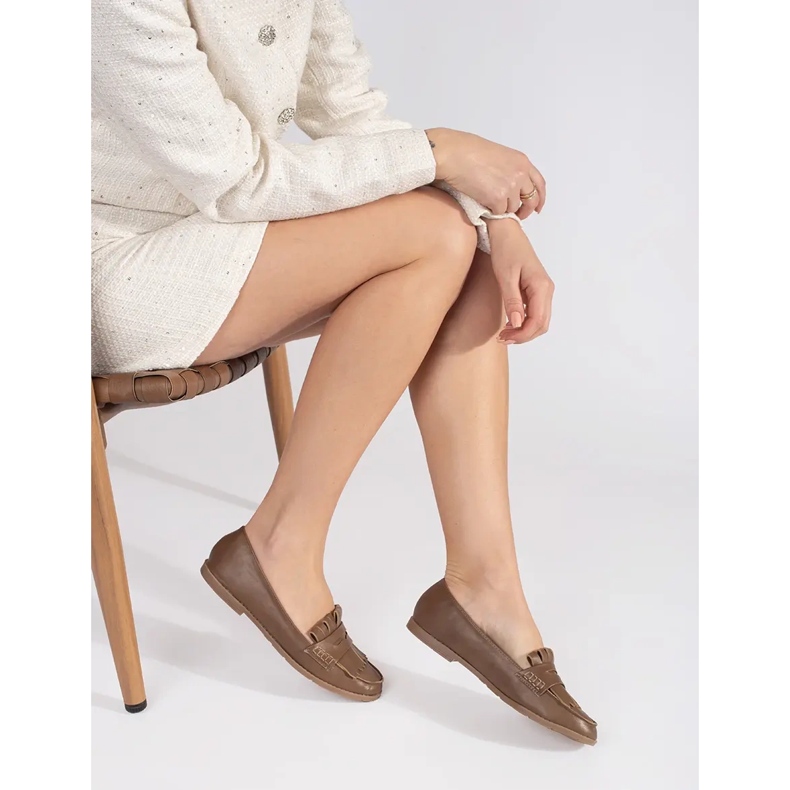 Brązowe Damskie mokasyny ozdobione frędzlami 2