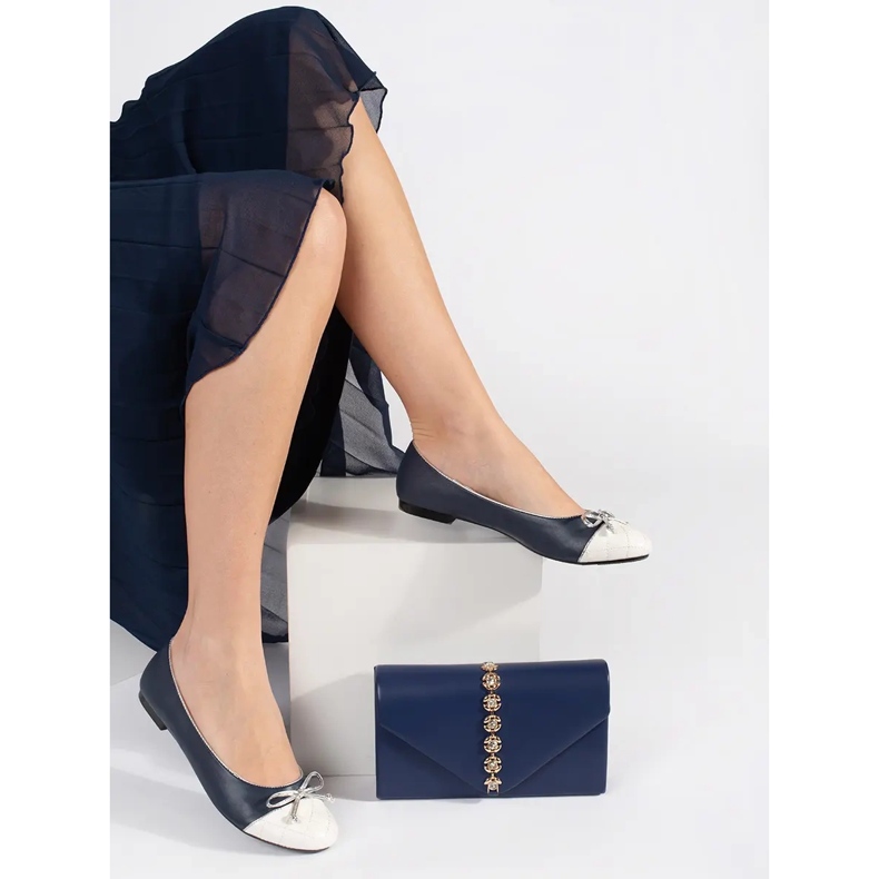 Goodin Granatowe baleriny damskie ze srebrną kokardką niebieskie 2