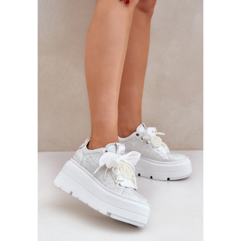 Skórzane Sneakersy Na Platformie CheBello 4658 Srebrne srebrny 2