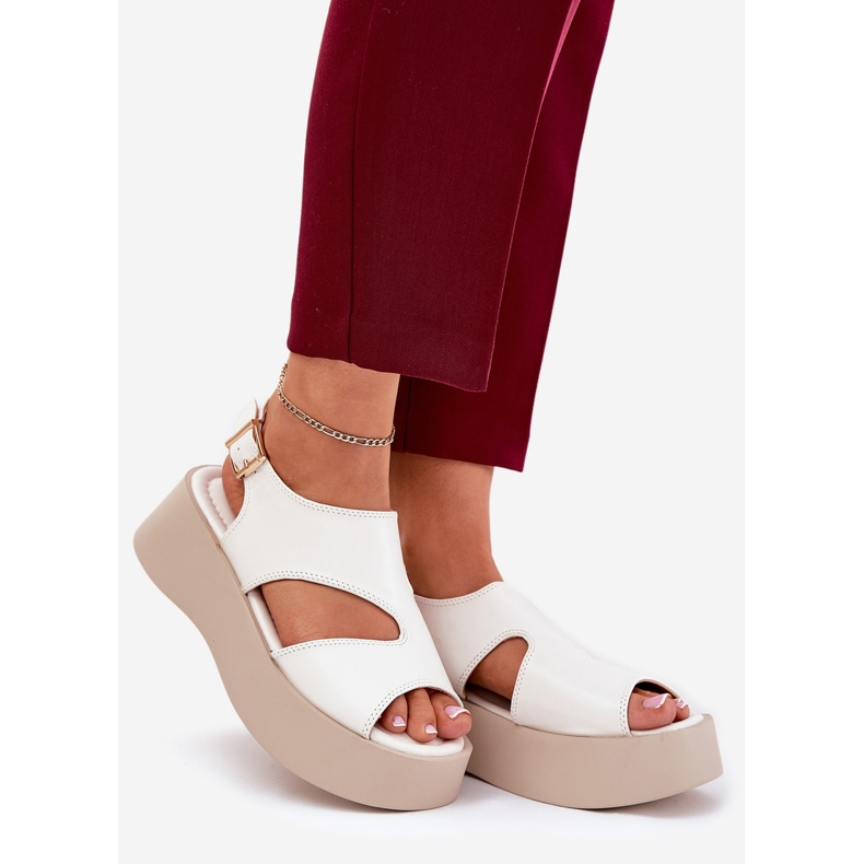 Sandały Damskie Na Platformie Eko Skórzane Białe 1