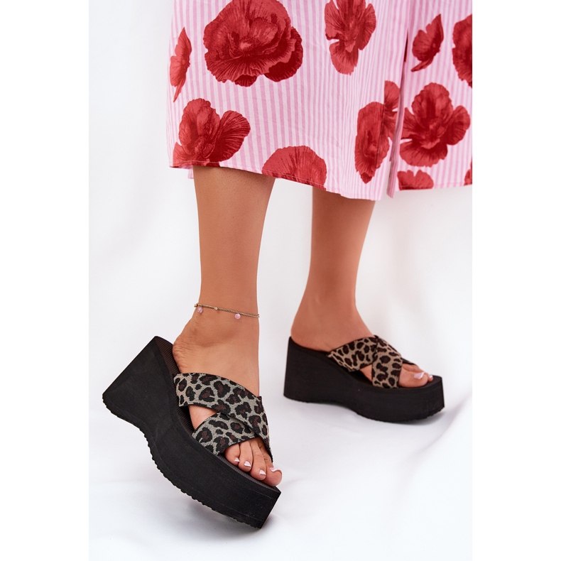 Klapki Damskie Na Koturnie I Platformie Panterka Czarne beżowy 2