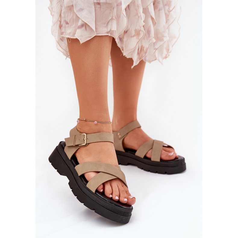 Sandały Damskie Na Platformie Z Eko Skóry Khaki beżowy 2