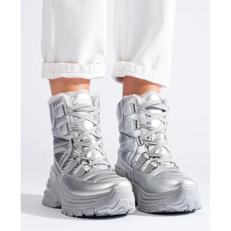 W. Potocki Srebrne śniegowce damskie z futerkiem Potocki srebrny 1