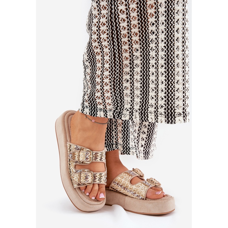 Klapki Damskie Na Platformie Z Klamrami I Plecionką Khaki beżowy 1