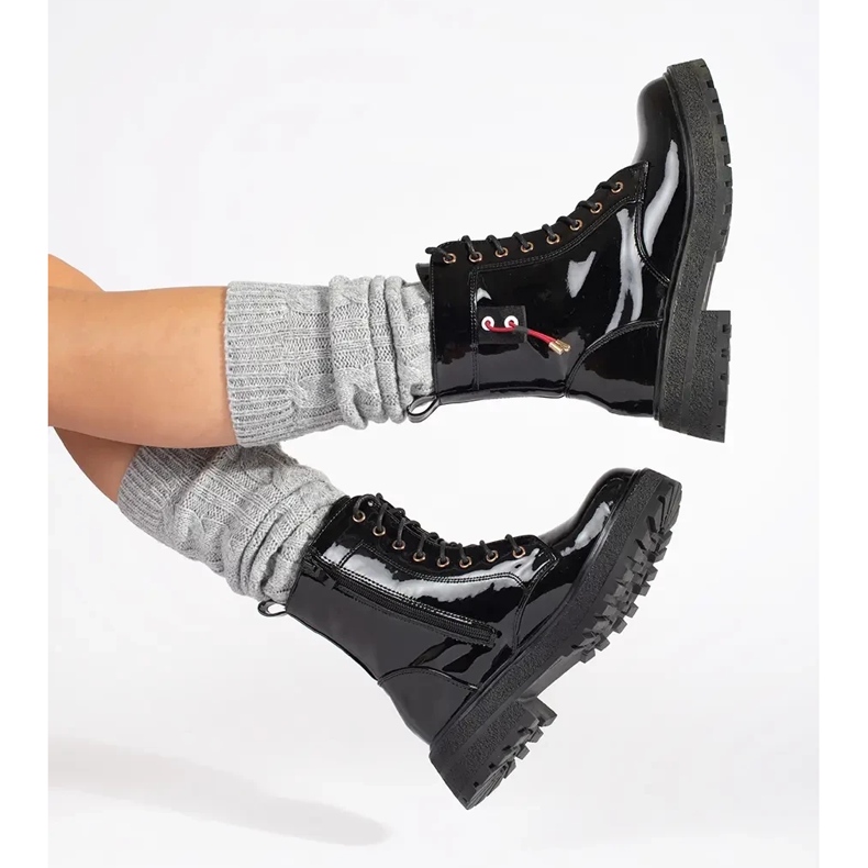 Lakierowane Sznurowane Botki czarne 2