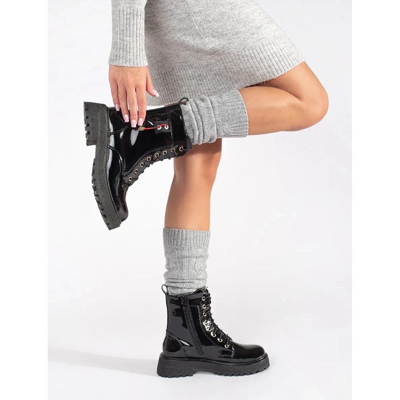 Lakierowane Sznurowane Botki czarne 1