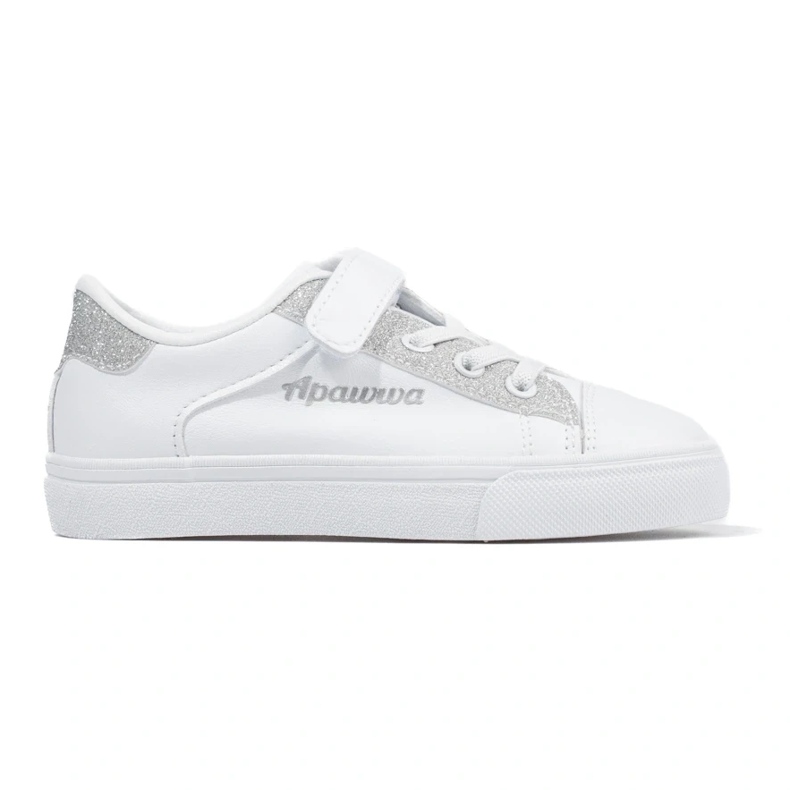 Białe trampki dziecięce ze srebrnym brokatem 1