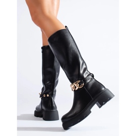 Kozaki damskie z łańcuszkiem  ze skóry ekologicznej czarne 2