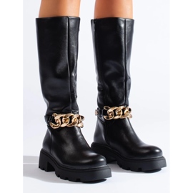 Kozaki damskie z łańcuszkiem  ze skóry ekologicznej czarne 1