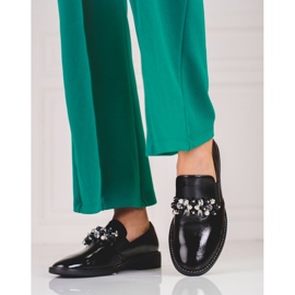 Lakierowane lordsy damskie z ozdobą czarne 2