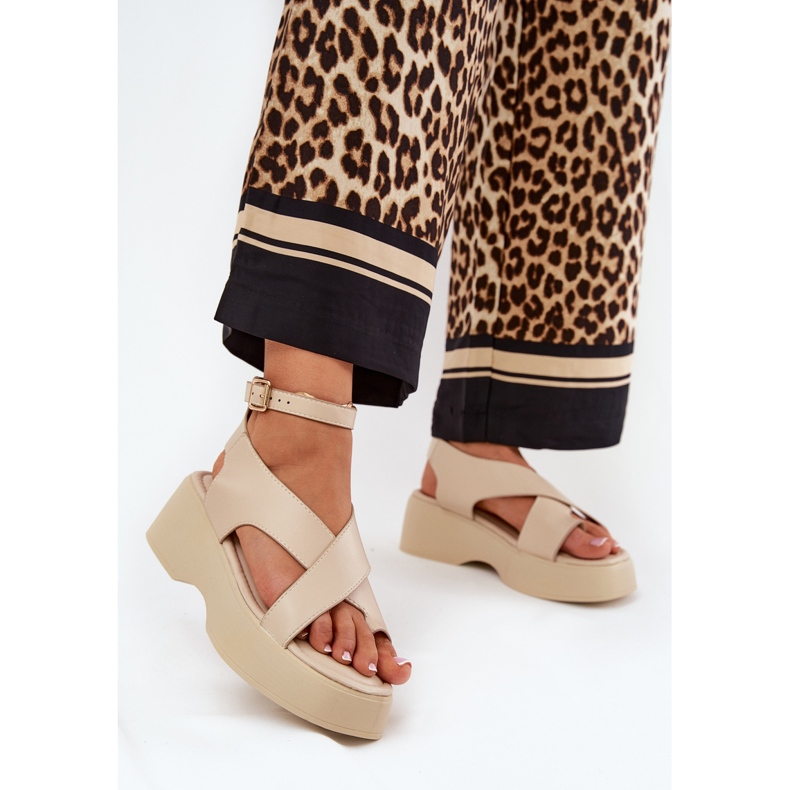 Sandały Damskie Na Platformie I Koturnie Eko Skórzane Beżowe beżowy 2