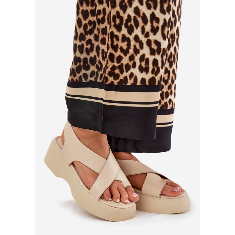 Sandały Damskie Na Platformie I Koturnie Eko Skórzane Beżowe beżowy 1