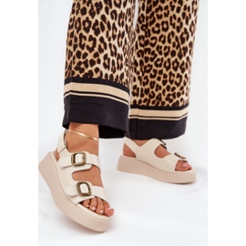 Sandały Damskie Na Platformie I Koturnie Z Klamrami Beżowe beżowy 2