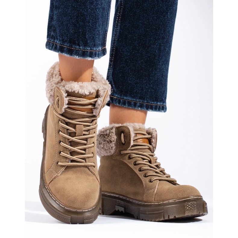 Brązowe trapery damskie z kożuszkiem beżowy 2