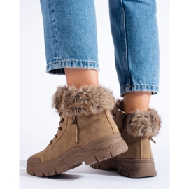 Brązowe traperki damskie z futerkiem beżowy 1