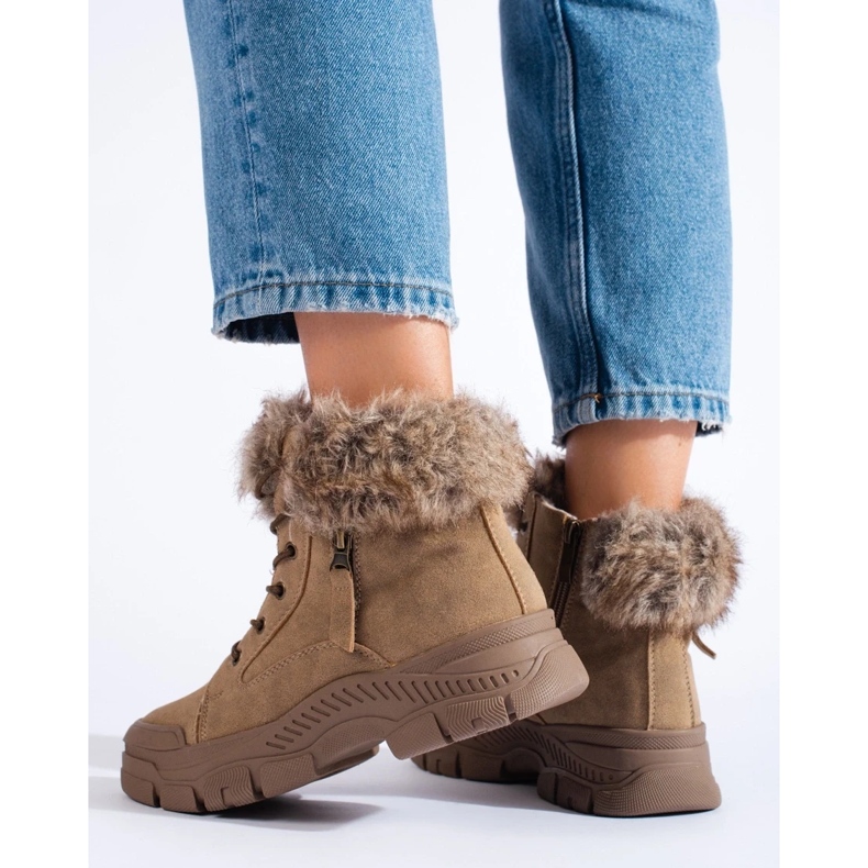 Brązowe traperki damskie z futerkiem beżowy 1