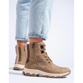 Sznurowane traperki damskie z ozdobnym suwakiem brązowe 2