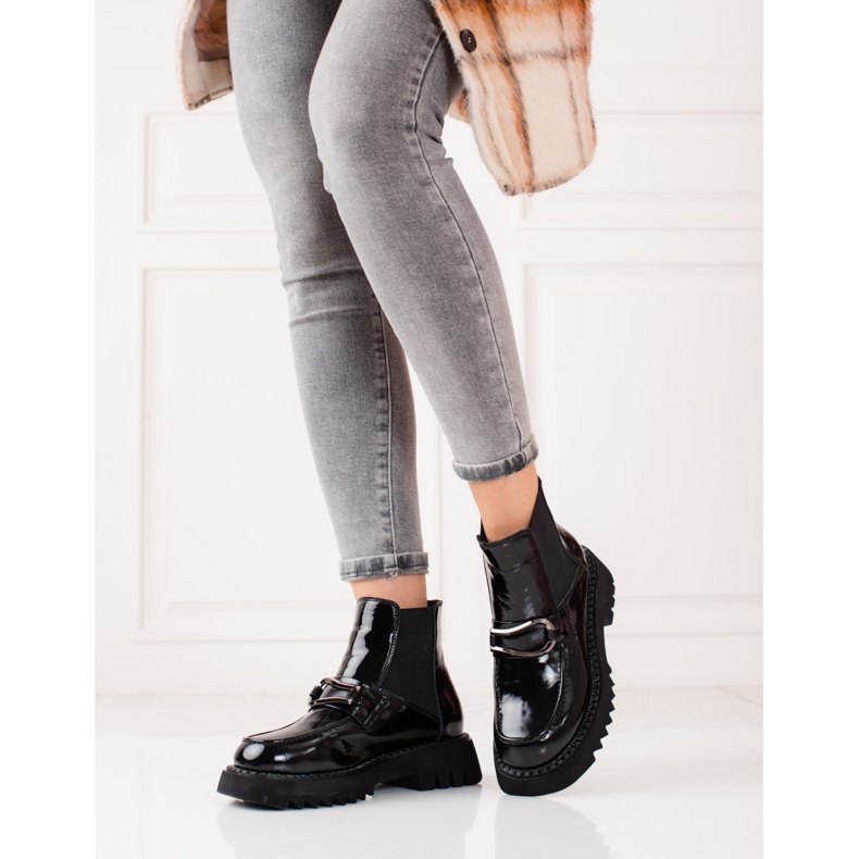 Skórzane botki damskie na platformie czarne 2