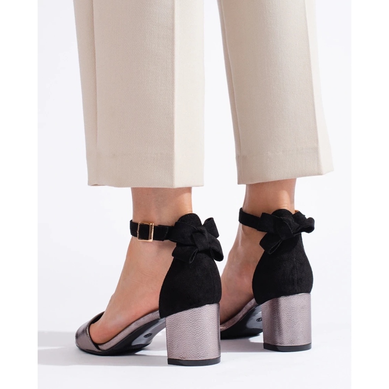 W. Potocki Sandały na słupku czarno-srebrne z kokardą Potocki czarne 1